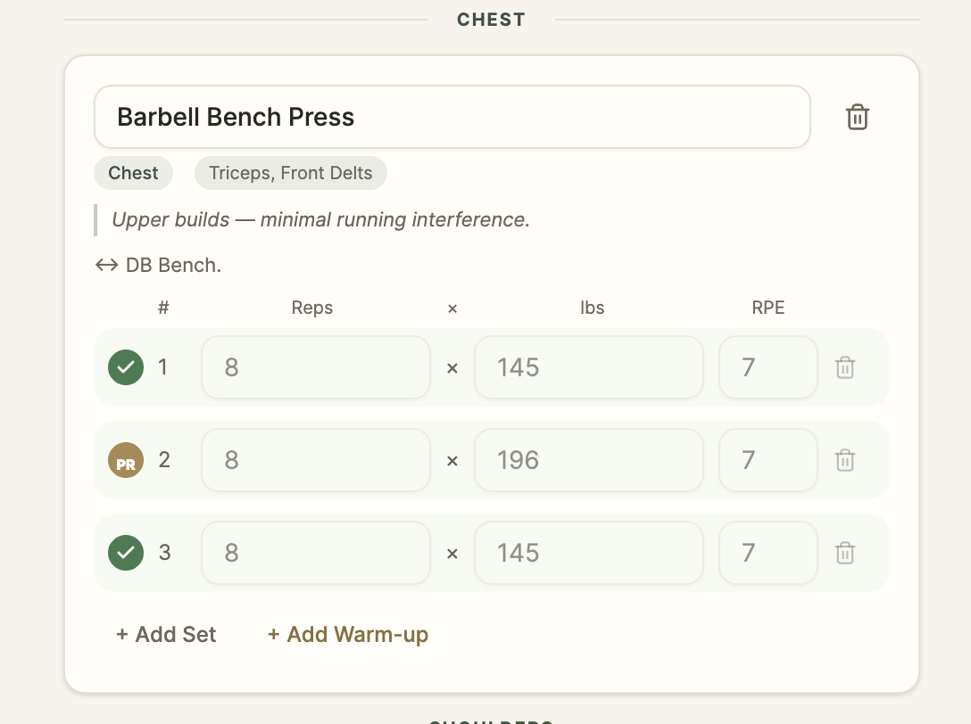 Concordia workout logging: a Barbell Bench Press set grid with reps, load and RPE per set, a PR badge on the set that beat a best, and a coaching note that upper-body work has minimal running interference.