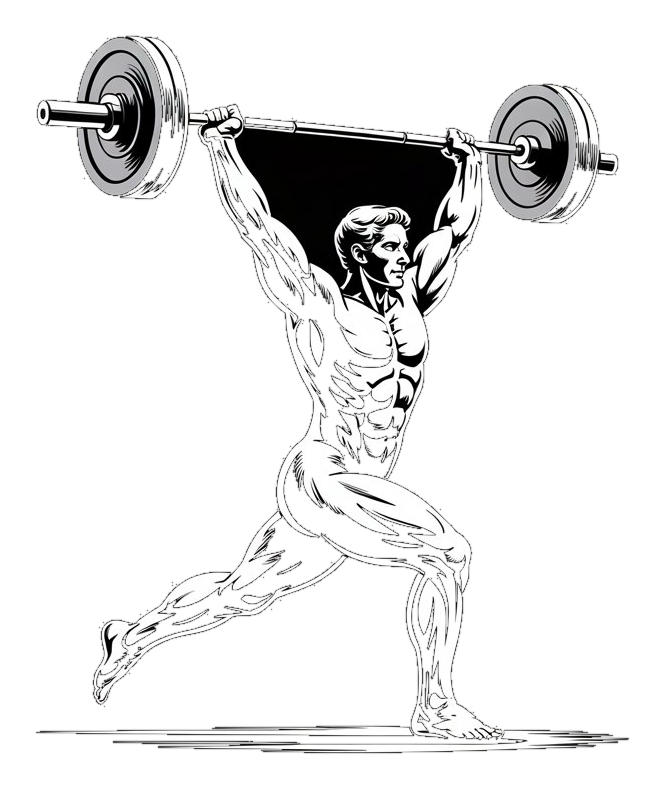 Marble athlete sprinting while pressing a barbell overhead
